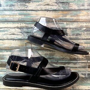 Joie Toe Ring Thong Sandals Womens Size 6.5 Black Faux Leather Buckle Strap Flat